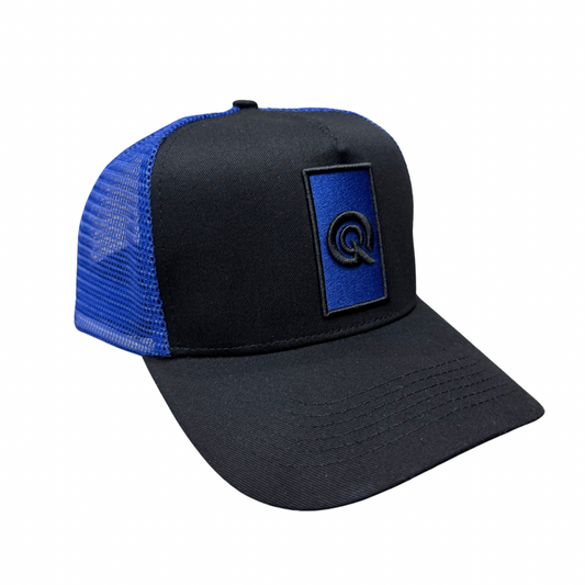 BLACK/ ROYAL BLUE BOX LOGO TRUCKER